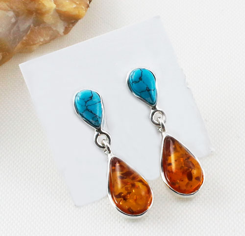 Amber-and-Turquoise-Teardrop-Earrings